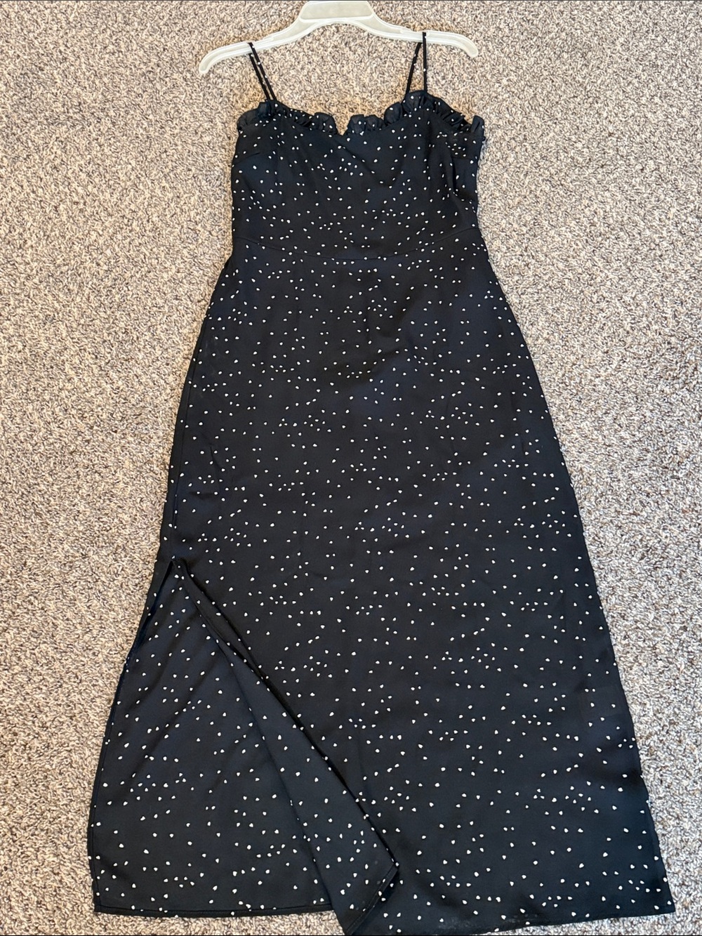Lush Black Midi Slip Dress with White Polka Dot Detail